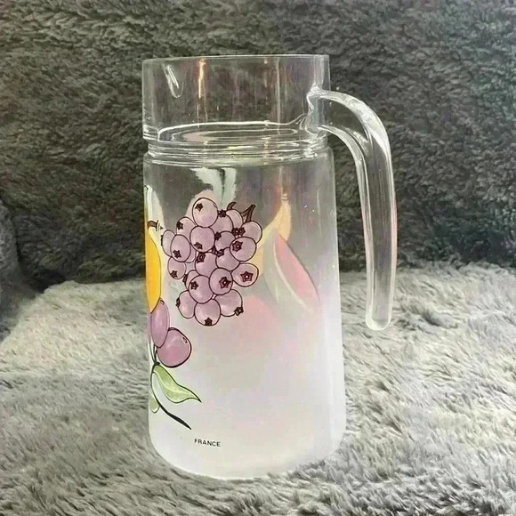 Vintage 80s Fruit Pattern Frosted Glass Pitcher Dartington France - Picture 12 of 16